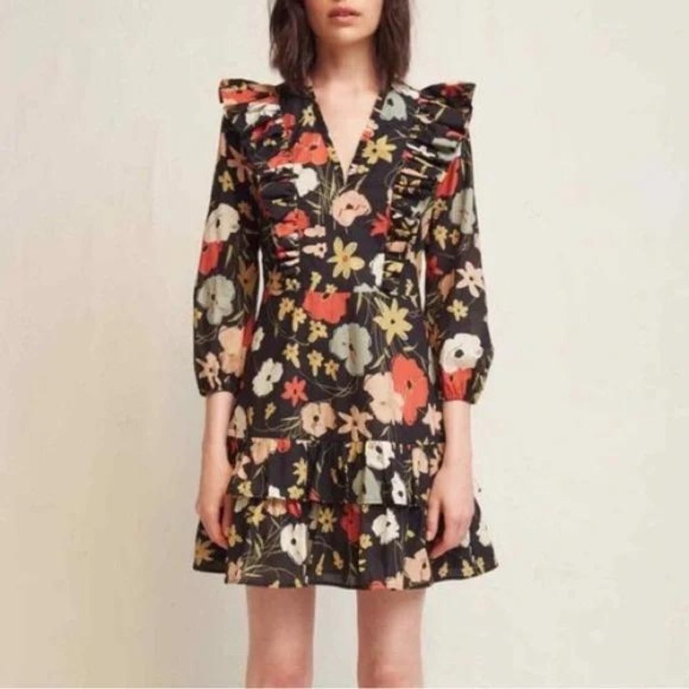 Warm NY Black Multicolor Ruffle Floral Mini Brianna Dress